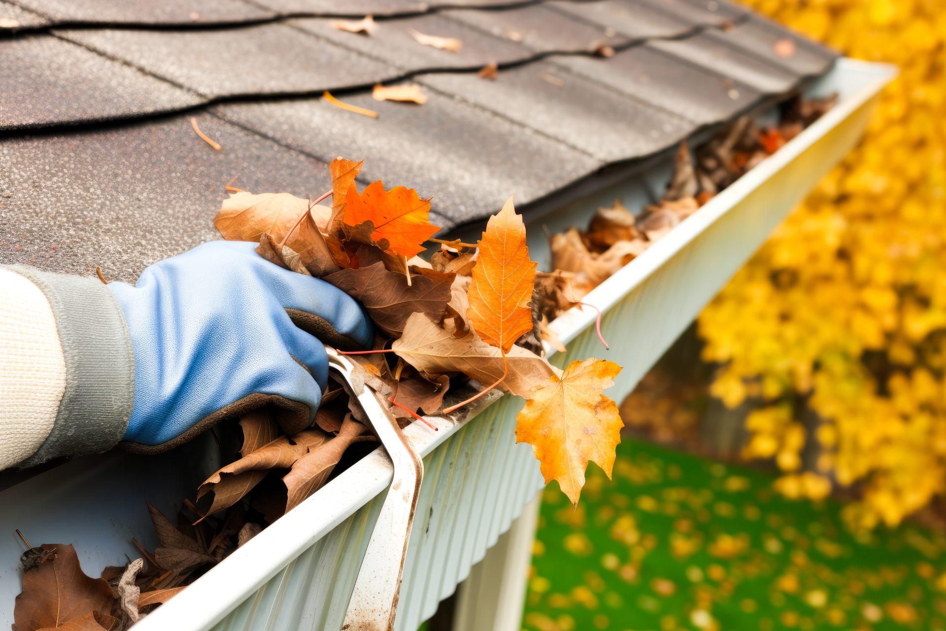 Clearing gutter during fall roof cleaning