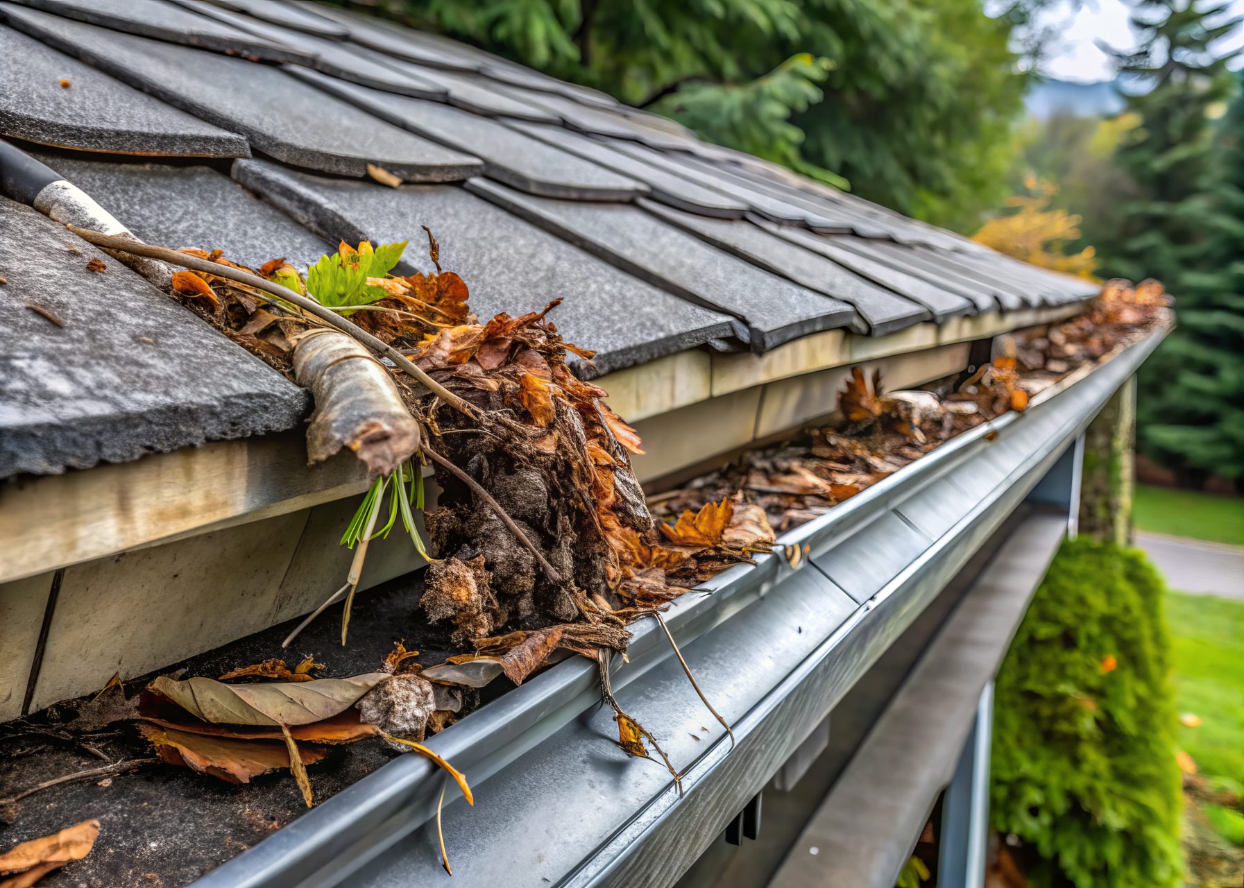 clogged gutters from storm